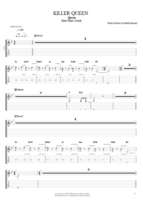 Killer Queen Queen guitar pro tab EGuitarI Guitarras y pista de acompañamiento mysongbook