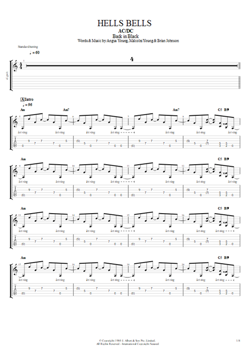 Hells Bells AC/DC guitar pro tab EGuitarII Guitarras y pista de acompañamiento mysongbook